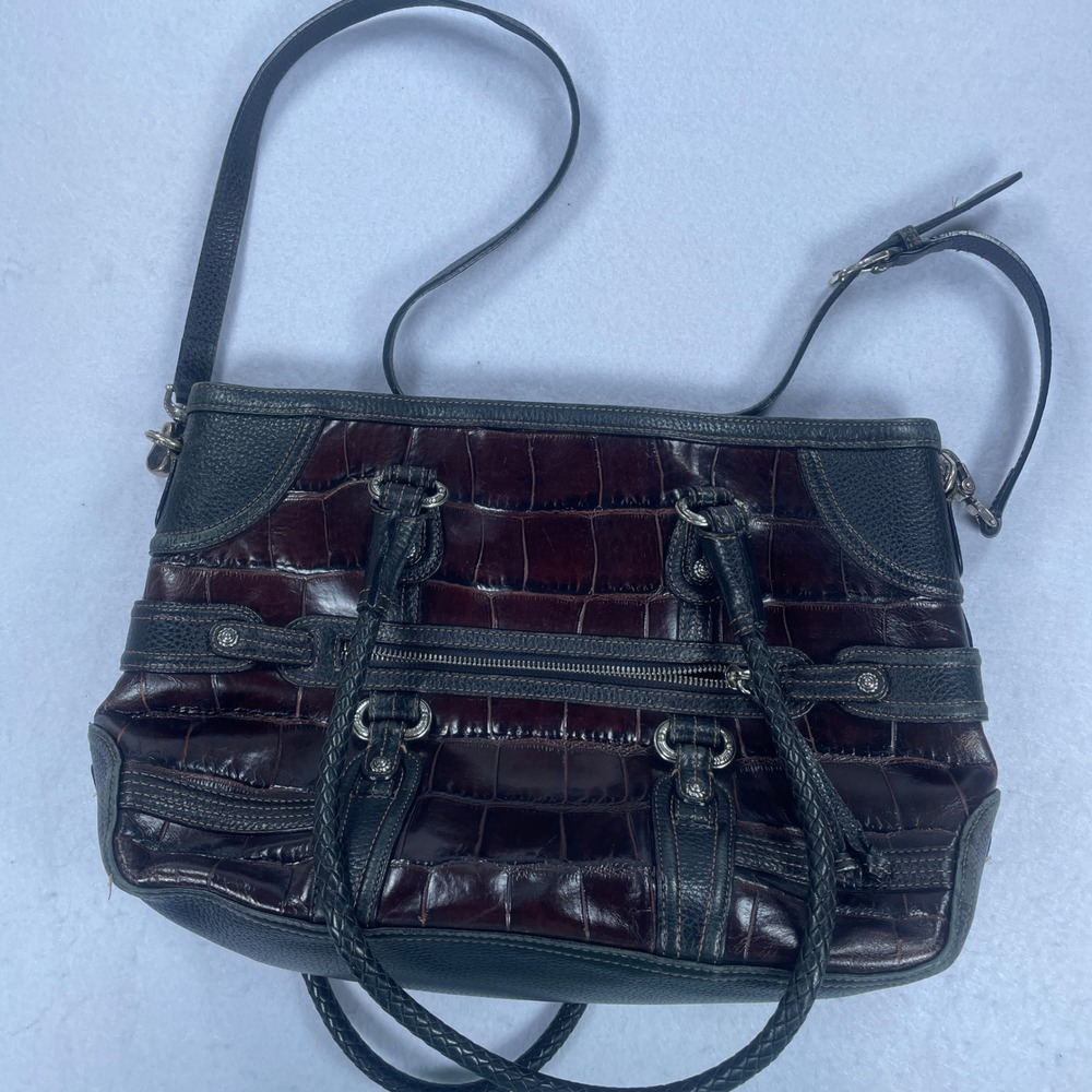 Brighton D588957 Croc Embossed Leather Satchel Bag Brown Black Silver Hardware